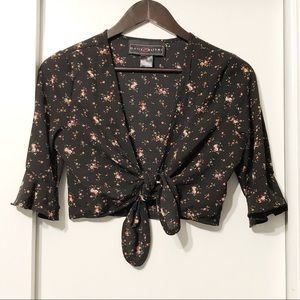 Black Floral Waist Tie Cute Coverup Crop